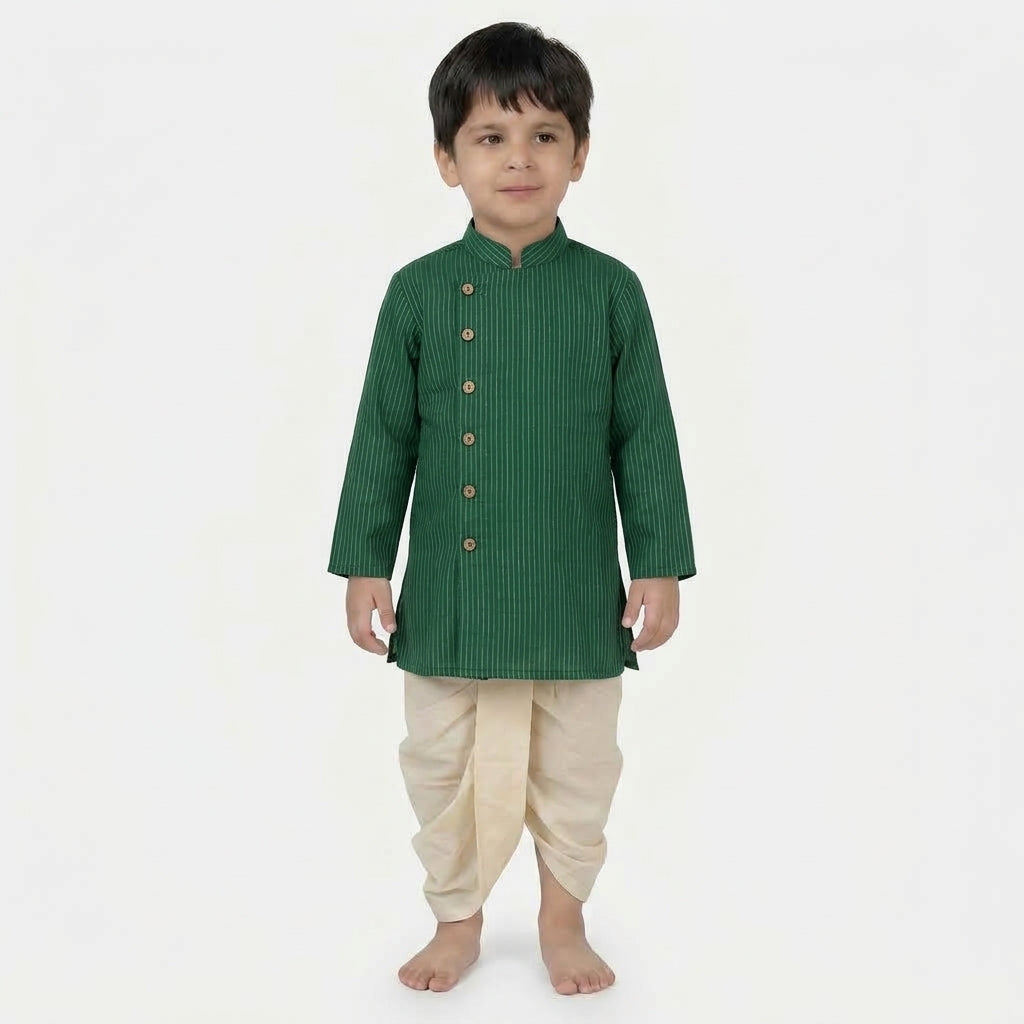Kairav x Tyohaar | Kurta & Dhoti Pant Set in Dark Green Silver Stripe Cotton & Linen