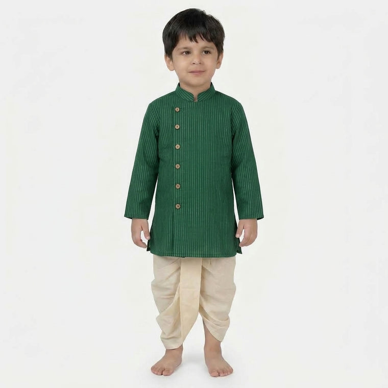 Kairav x Tyohaar | Kurta & Dhoti Pant Set in Dark Green Silver Stripe Cotton & Linen