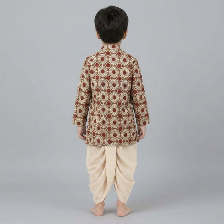 Samir x Tyohaar | Kurta & Dhoti Pant Set in Red Dahlia Block Print Cotton & Linen