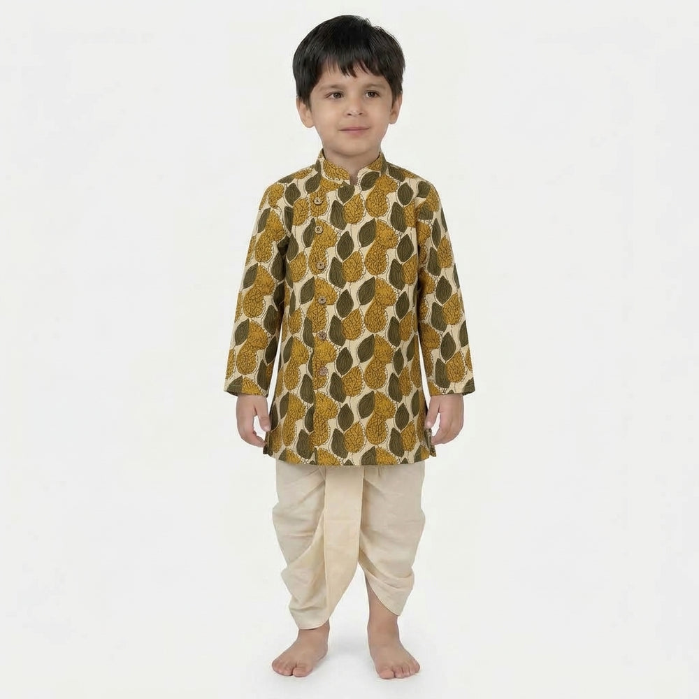 Aran x Tyohaar | Kurta & Dhoti Pant Set in Olive Foliage Block Print Cotton & Linen