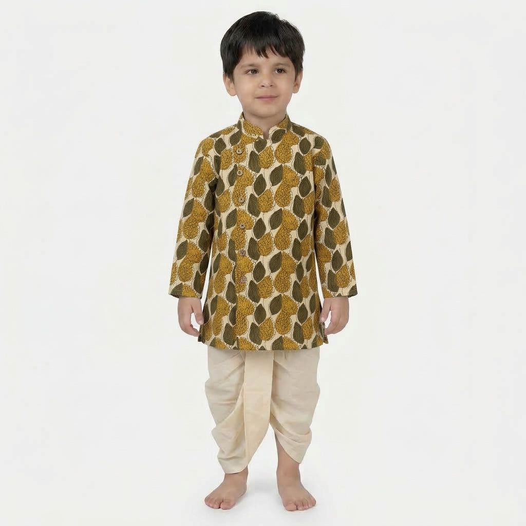 Aran x Tyohaar | Kurta & Dhoti Pant Set in Olive Foliage Block Print Cotton & Linen