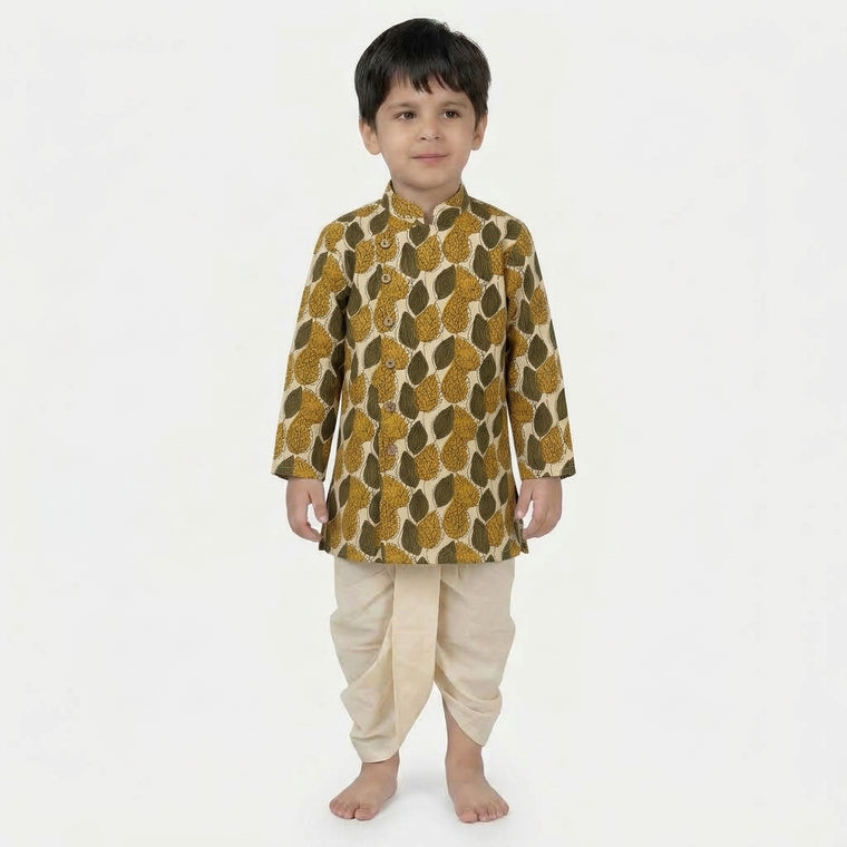 Aran x Tyohaar | Kurta & Dhoti Pant Set in Olive Foliage Block Print Cotton & Linen