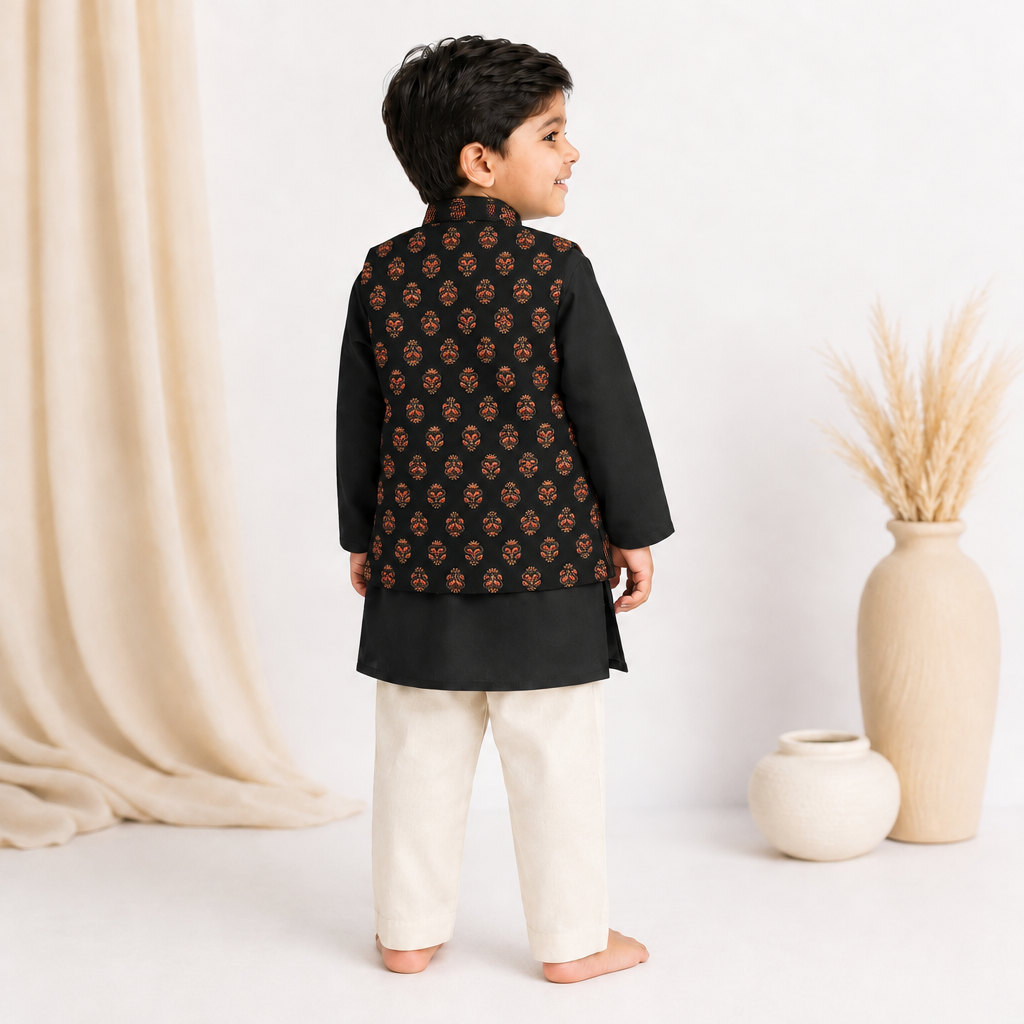 Mayur x Tyohaar | Kurta Pant & Jacket Set in Black Peacock Cotton & Linen