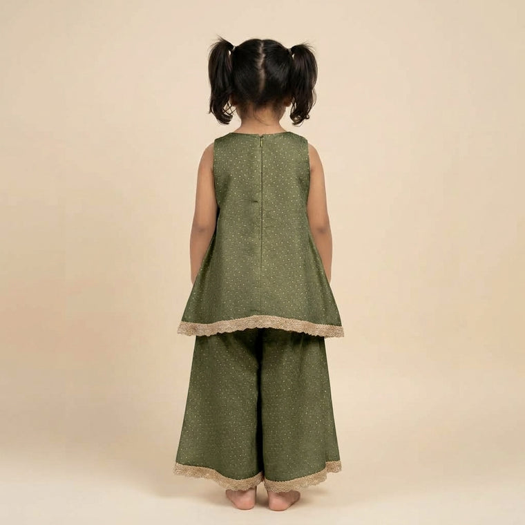 Kitty x Tyohaar | Green Foil Chandheri Tent Style Kurta & Flared Pant Set