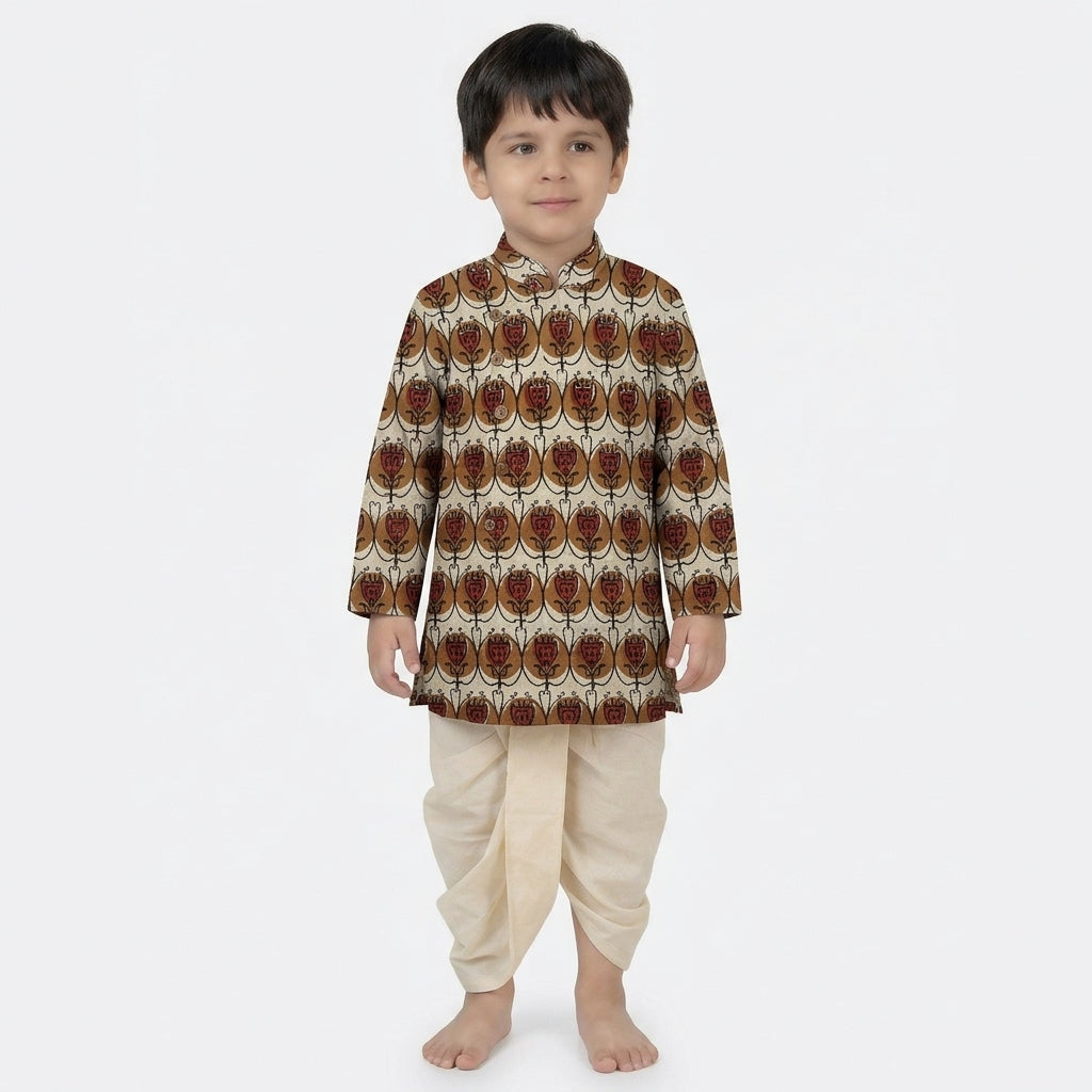 Aarish x Tyohaar | Kurta & Dhoti Pant Set in Cream Floral Block Print Cotton & Linen