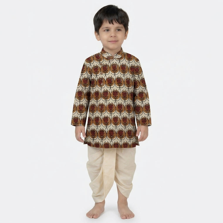 Aarish x Tyohaar | Kurta & Dhoti Pant Set in Cream Floral Block Print Cotton & Linen