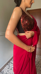 Kanika x Tyohaar | Sleeveless Red Sequined Saree Blouse with Sweetheart Neck