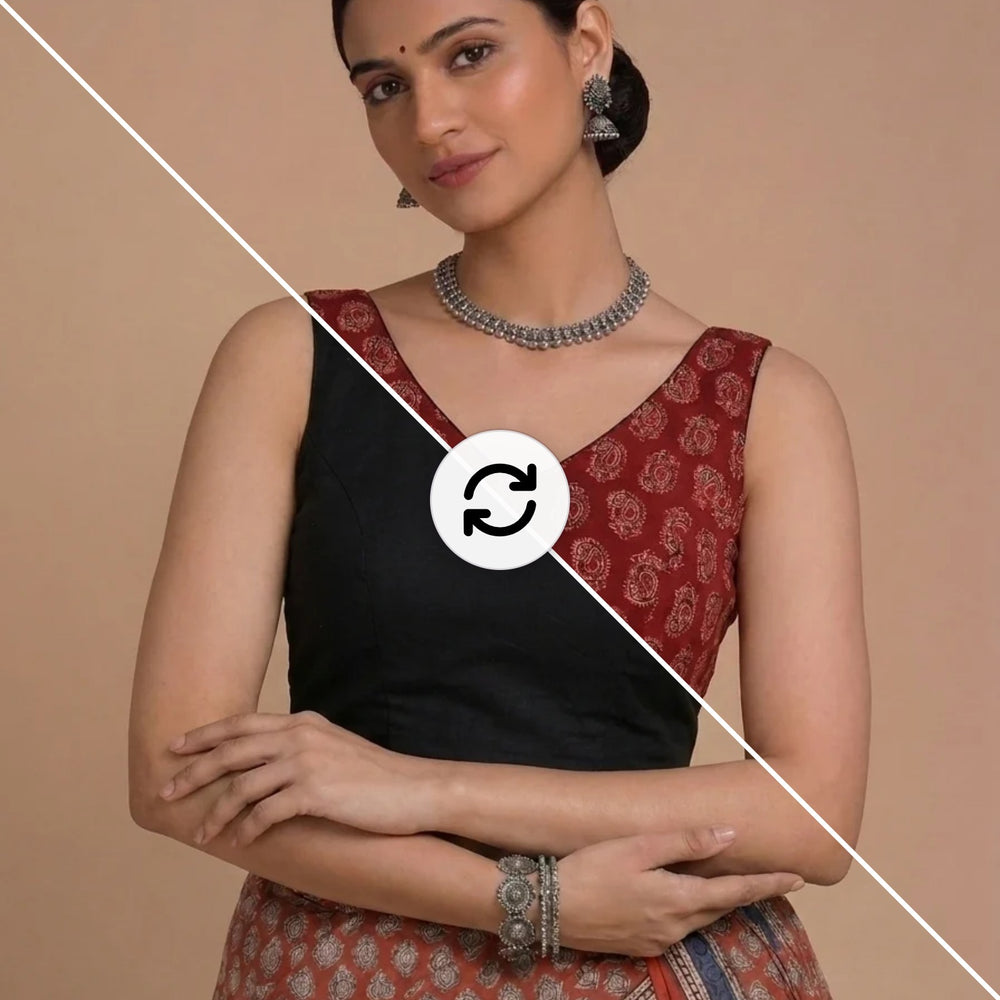 Ardha | Duet Reversible Blockprinted Red Peacock & Black Blockprinted Cotton CinchFit™ Saree Blouse
