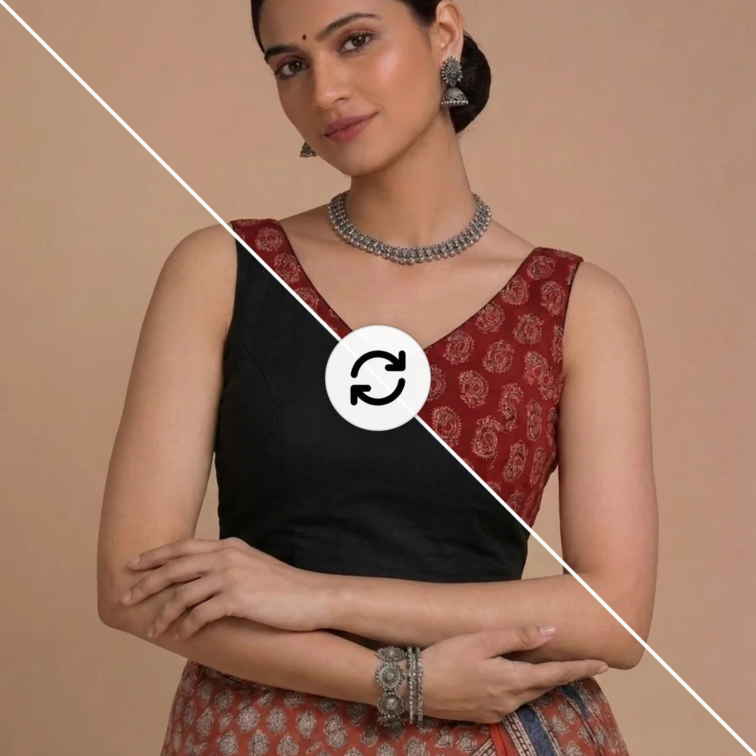 Ardha | Duet Reversible Blockprinted Red Peacock & Black Blockprinted Cotton CinchFit™ Saree Blouse — split view