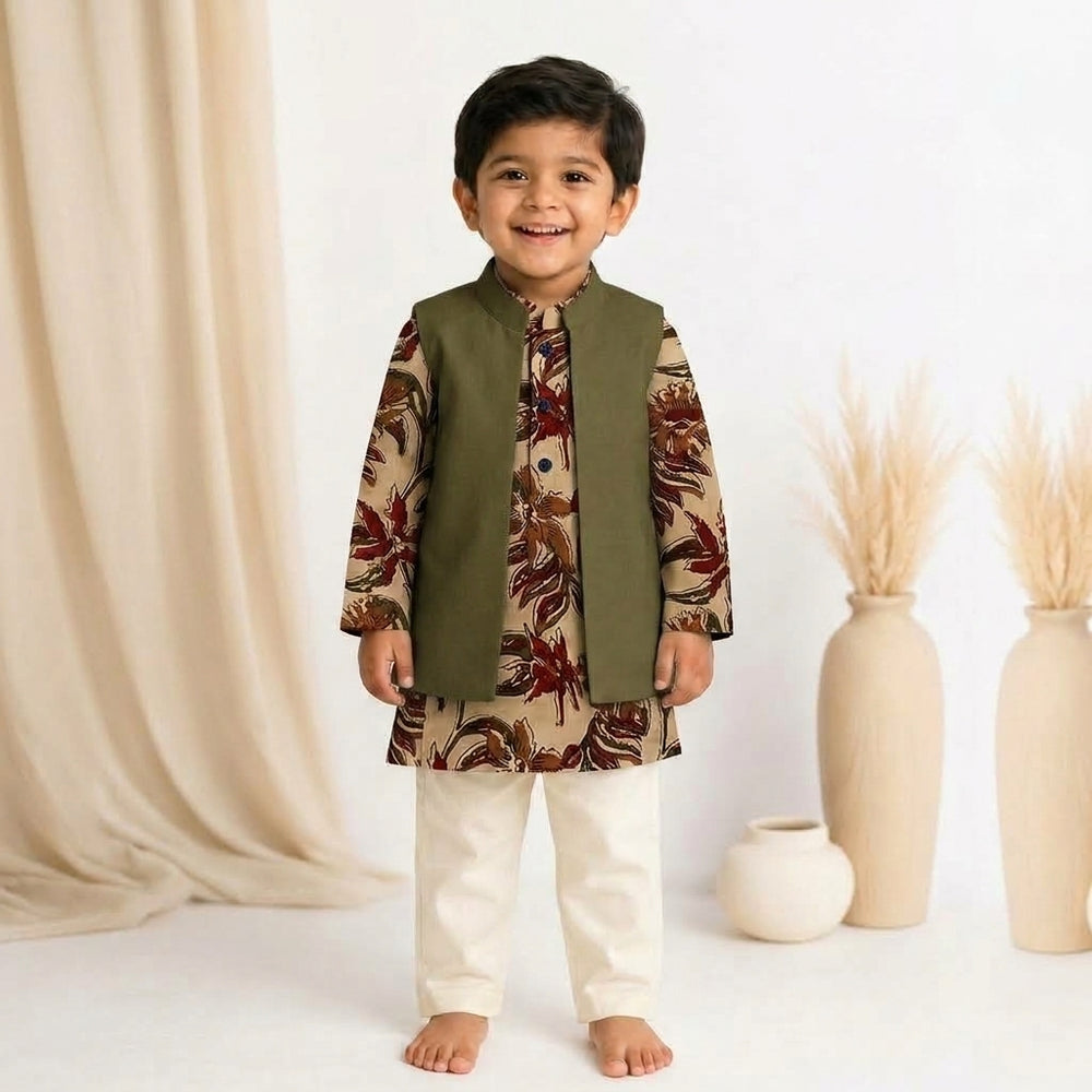 Shaan x Tyohaar | Kurta Pant & Jacket Set in Cream Blossom Block Print Cotton & Linen