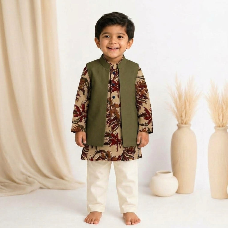 Shaan x Tyohaar | Kurta Pant & Jacket Set in Cream Blossom Block Print Cotton & Linen