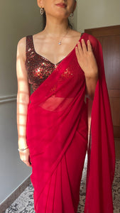 Kanika x Tyohaar | Sleeveless Red Sequined Saree Blouse with Sweetheart Neck