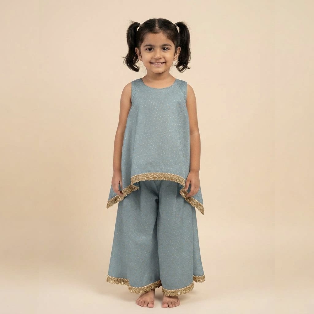 Kitty x Tyohaar | Blue Green Foil Chandheri Tent Style Kurta & Flared Pant Set
