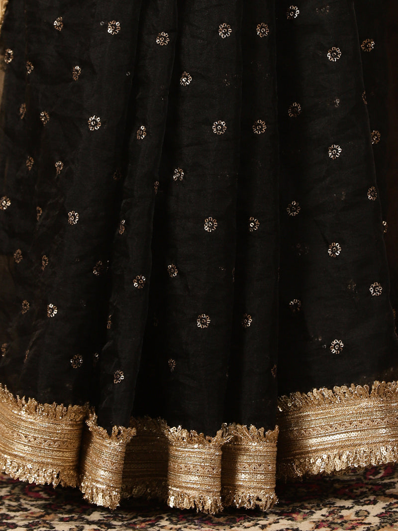 White & Black Organza Sequin Butta Saree With Designer Embroidered Lace