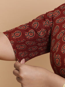 Ishani x Rozaana | Elbow Sleeves Cotton Saree Blouse in Red Mango Block Print Fabric