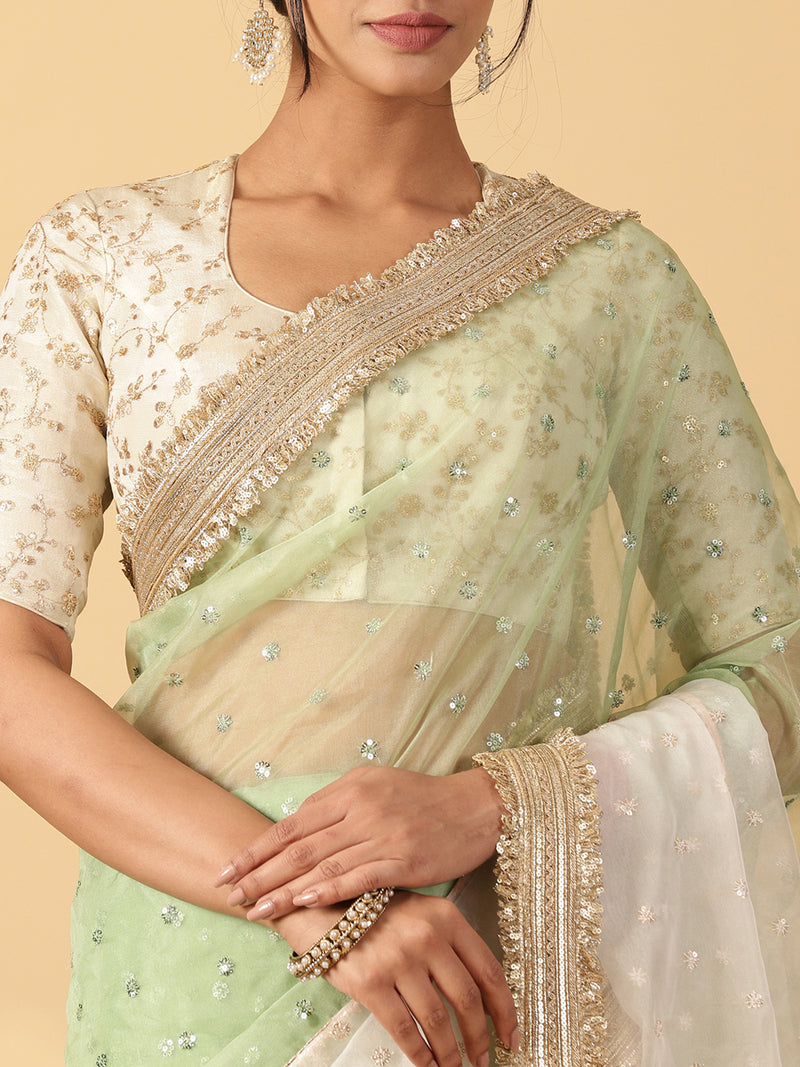 Green & Oyster White Organza Sequin Butta Saree With Designer Embroidered Lace