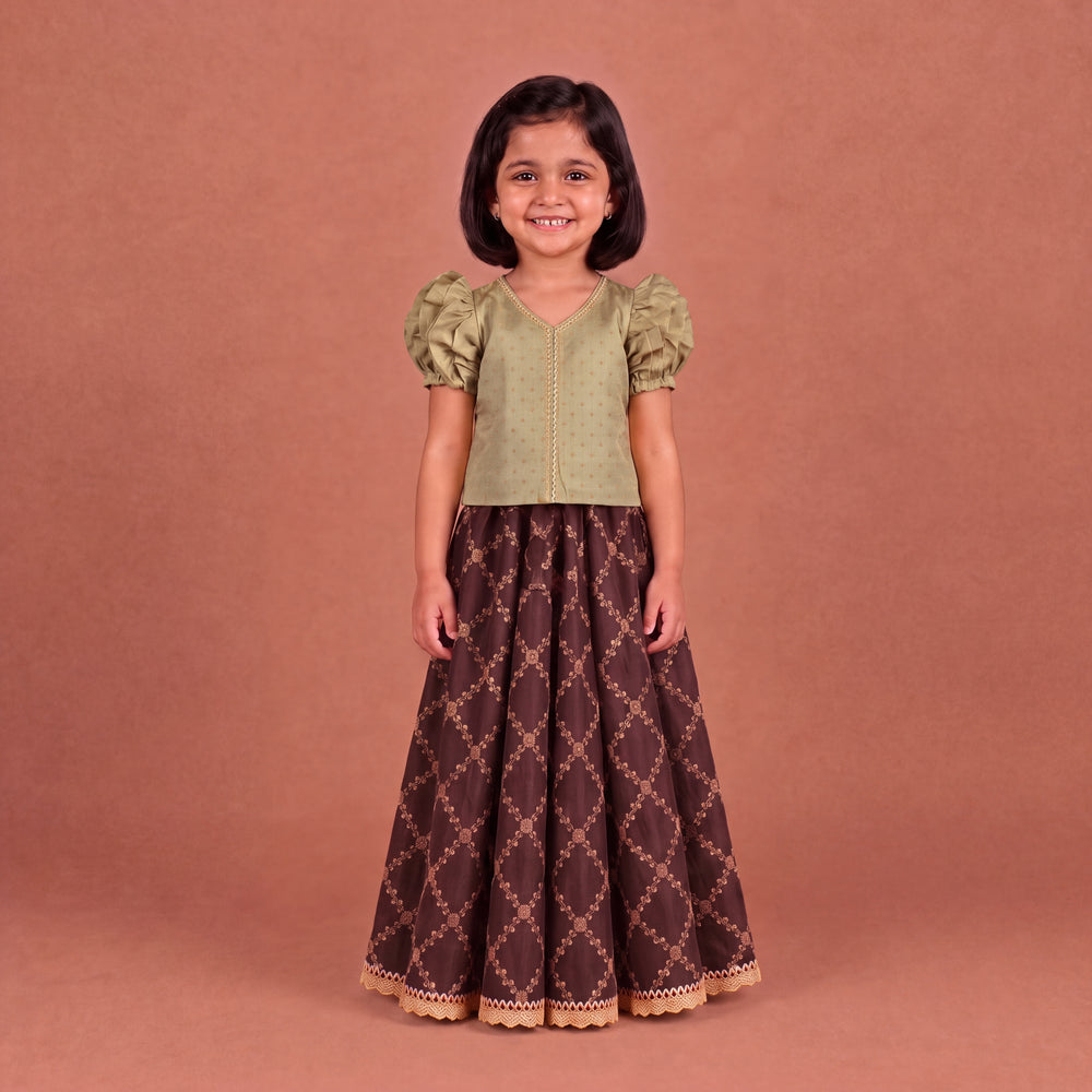 Timtim x Tyohaar | Oyster Grey & Burgundy Chandheri-Brocade Ruffle Sleeve Lehenga Set