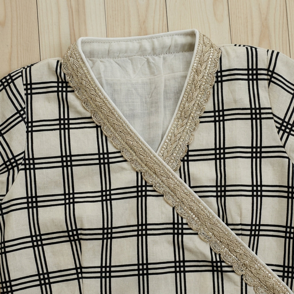 Misha x Tyohaar | Angrakha-Sharara Set in Cream Windowpane Check Block Print Cotton