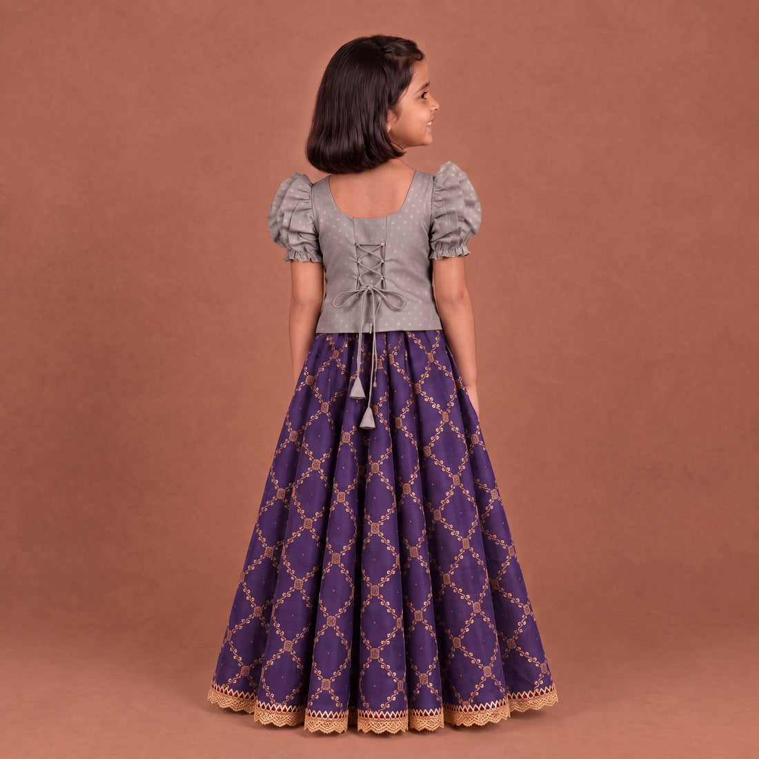 Timtim x Tyohaar | Lilac & Orchid Plum Chandheri-Brocade Ruffle Sleeve Lehenga Set