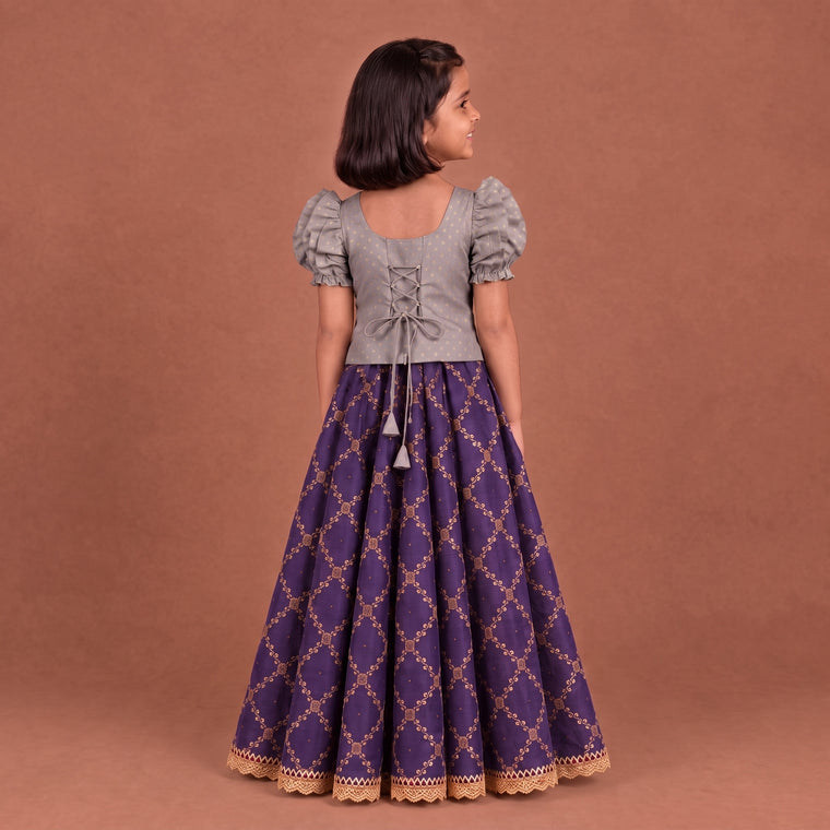 Timtim x Tyohaar | Lilac & Orchid Plum Chandheri-Brocade Ruffle Sleeve Lehenga Set