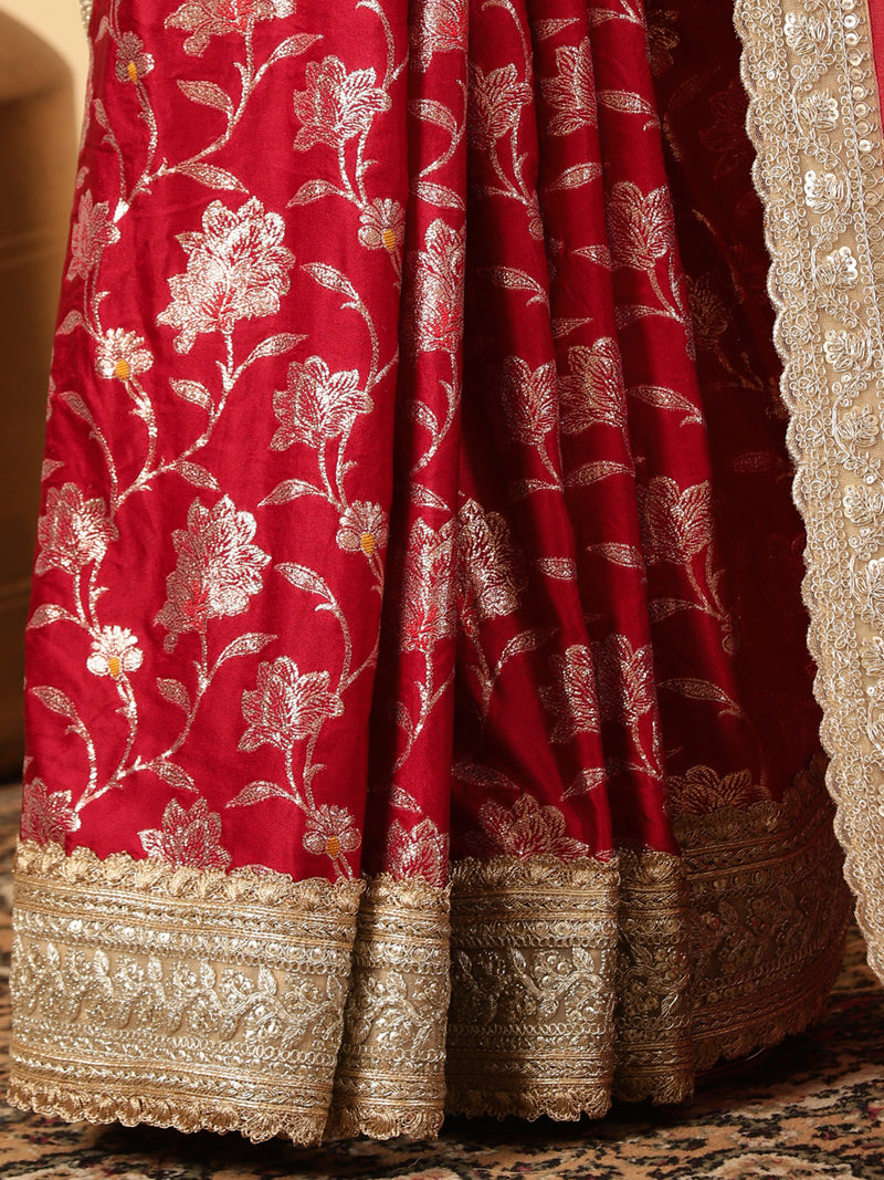 Meenakari Scarlet Red Saree With Designer Zari Embroidered Lace