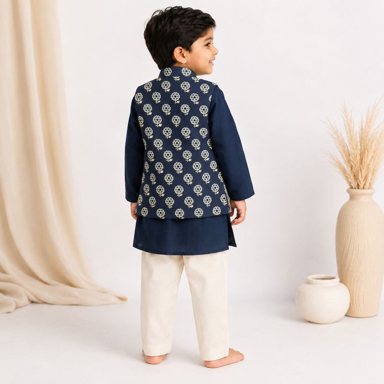 Nilay x Tyohaar | Kurta Pant & Jacket Set in Blue Flower Cotton & Linen