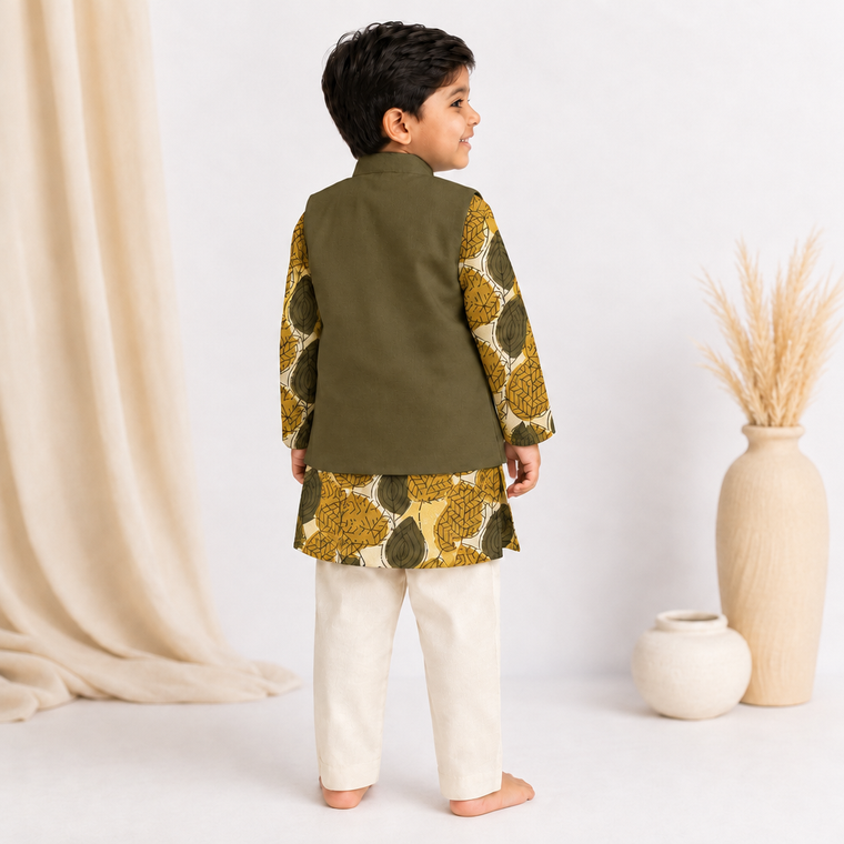Mowgli x Tyohaar | Kurta Pant & Jacket Set in Olive Foliage Block Print Cotton & Linen