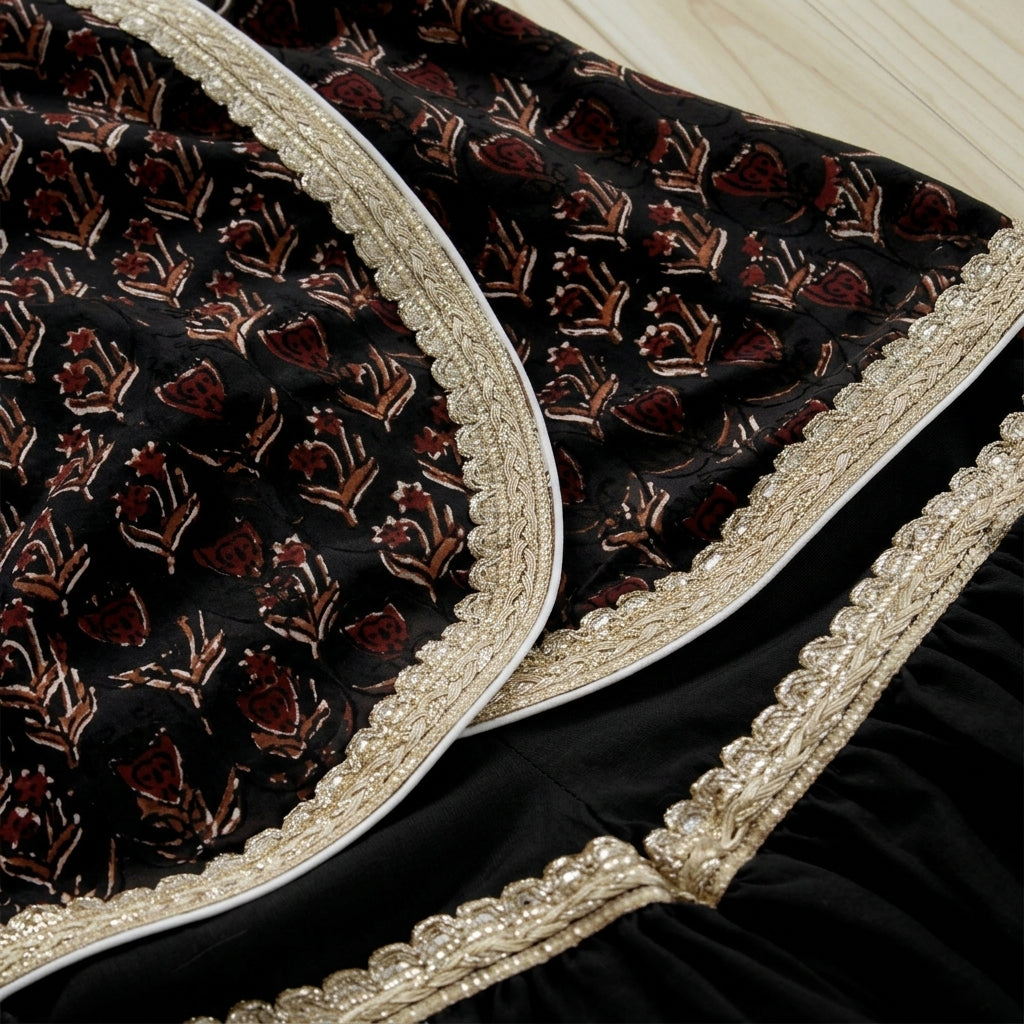 Lilya x Tyohaar | Angrakha-Sharara Set in Midnight Lily Block Print Cotton