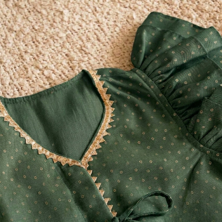 Timtim x Tyohaar | Green Chandheri-Brocade Ruffle Sleeve Lehenga Set