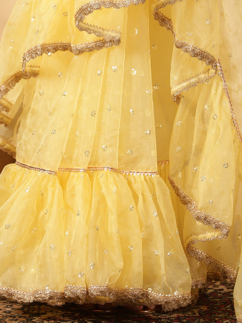 Light Yellow Organza Sequin Butta Ruffle Saree With Designer Lace