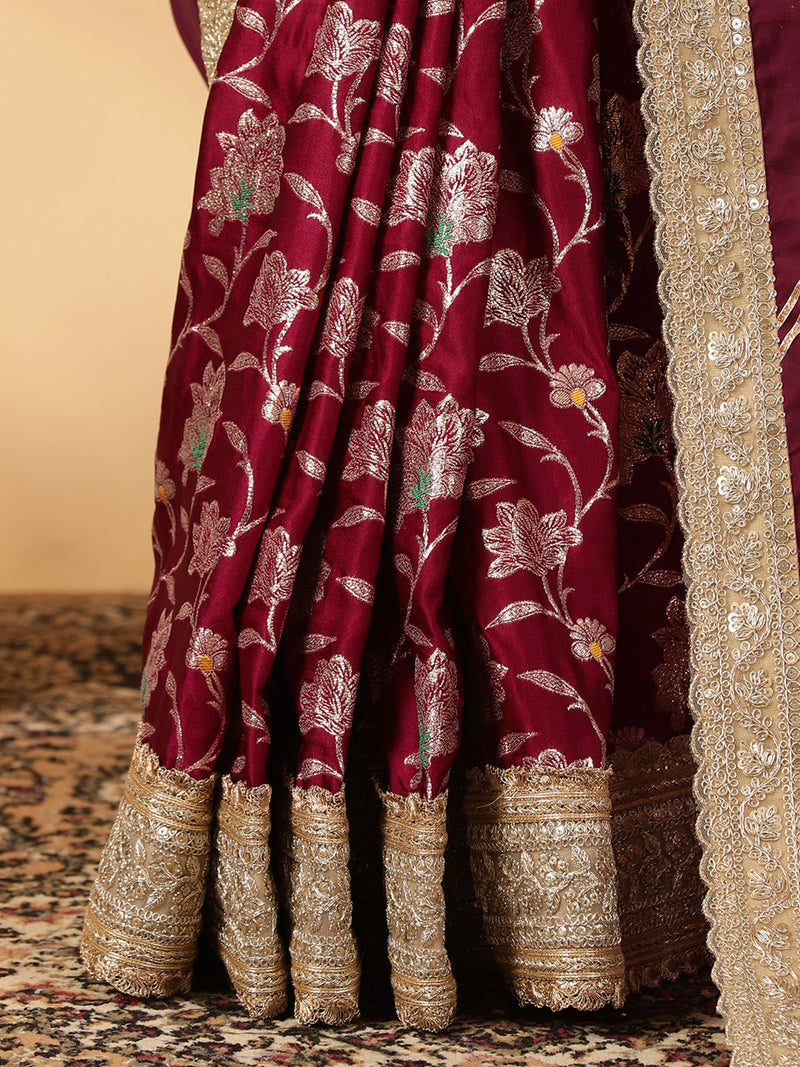 Meenakari Violet Saree With Designer Zari Embroidered Lace