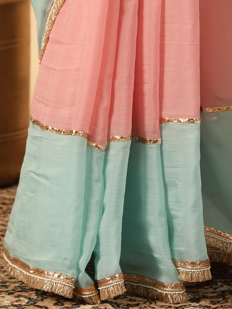 Cloudy Pink & Powder Blue Viscose Organza Multi Panelled Saree With Designer Lace