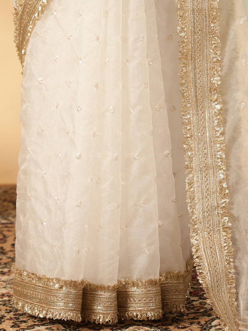 Green & Oyster White Organza Sequin Butta Saree With Designer Embroidered Lace