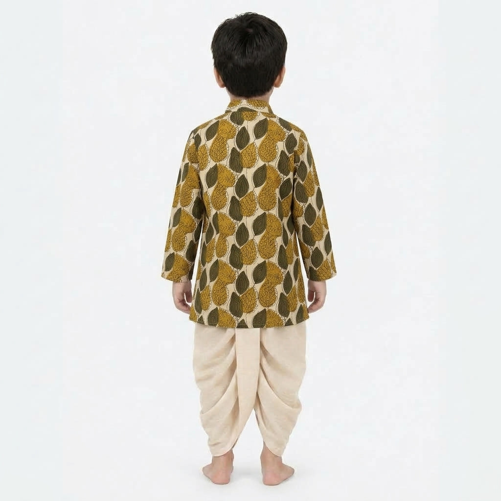 Aran x Tyohaar | Kurta & Dhoti Pant Set in Olive Foliage Block Print Cotton & Linen