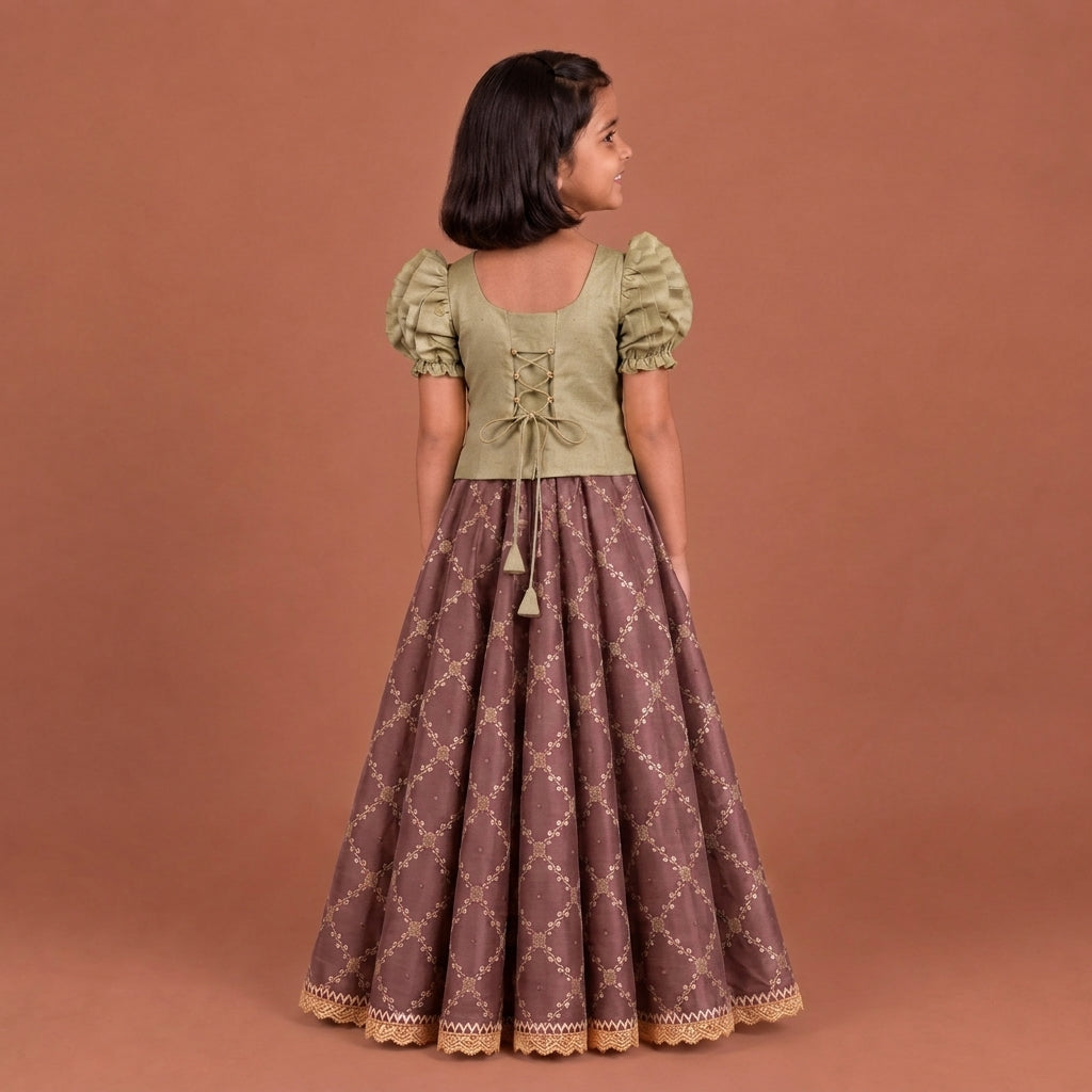 Timtim x Tyohaar | Oyster Grey & Dusky Mauve Chandheri-Brocade Ruffle Sleeve Lehenga Set