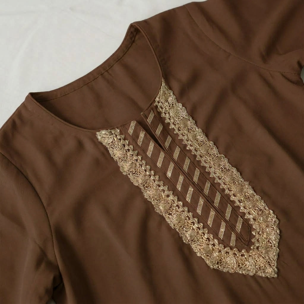 Afiya x Tyohaar | Walnut Brown Solid Viscose Straight Kurta & Pant Set