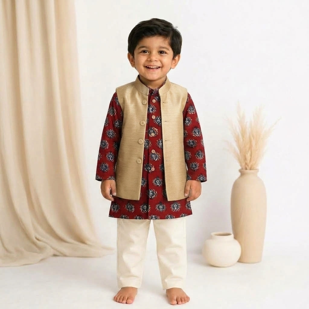 Arju x Tyohaar | Kurta Pant & Jacket Set in Crimson Field Block Print Cotton & Linen