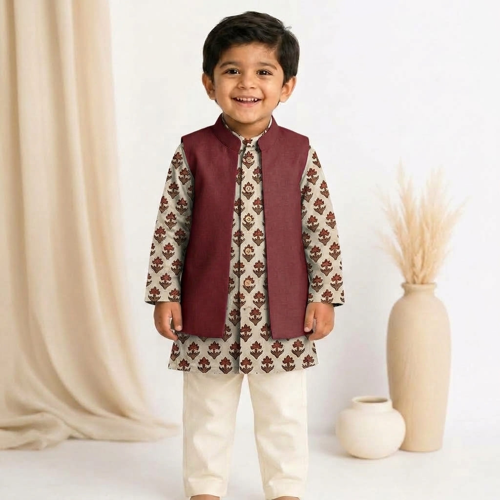 Aman x Tyohaar | Kurta Pant & Jacket Set in Tulip Bloom Cream Block Print Cotton & Linen