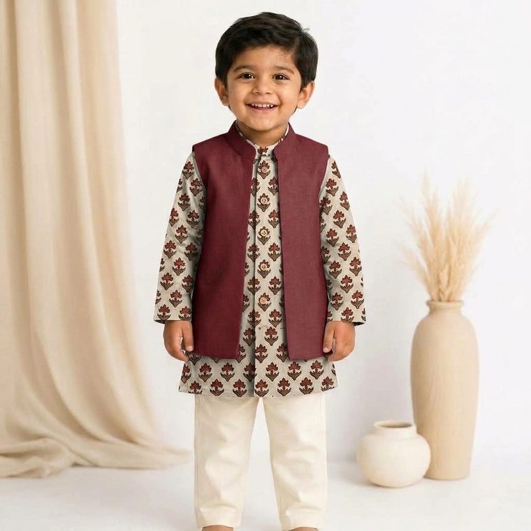 Aman x Tyohaar | Kurta Pant & Jacket Set in Tulip Bloom Cream Block Print Cotton & Linen