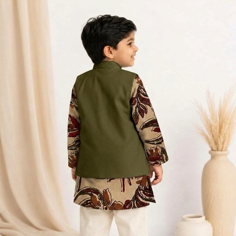 Shaan x Tyohaar | Kurta Pant & Jacket Set in Cream Blossom Block Print Cotton & Linen