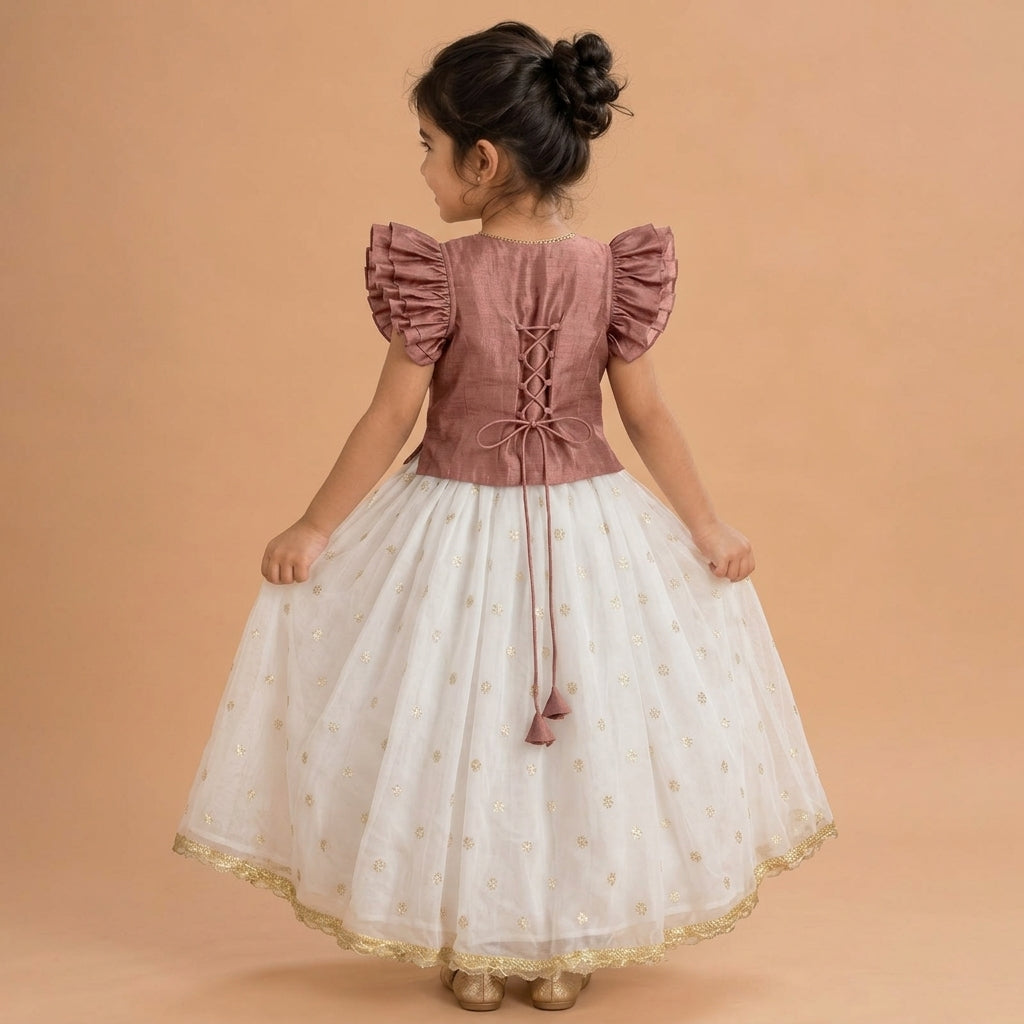 Gilheri x Tyohaar | Sea Pink & White Chandheri-Organza Ruffle Sleeve Lehenga Set