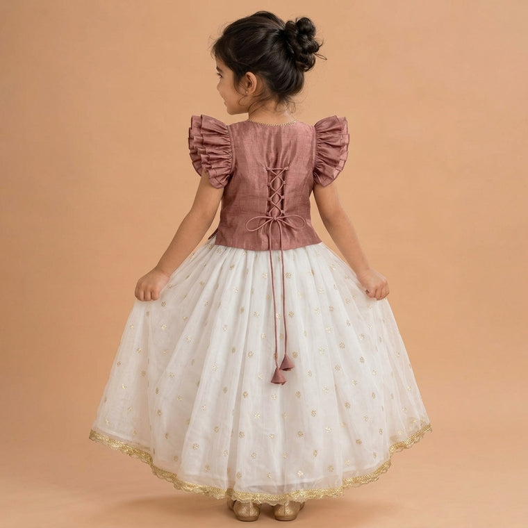Gilheri x Tyohaar | Sea Pink & White Chandheri-Organza Ruffle Sleeve Lehenga Set