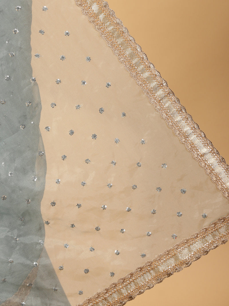 Blue Green Foil Chandheri Saree With Organza Mint Butta Pallu & Lace Work