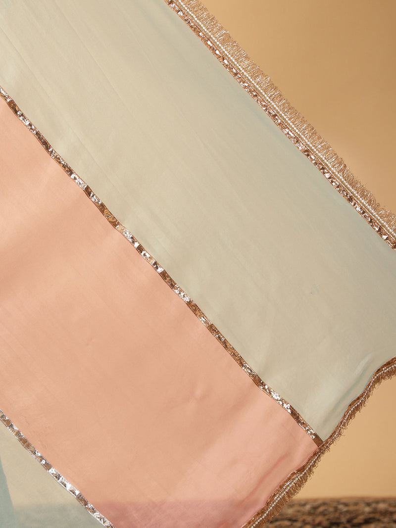 Cloudy Pink & Powder Blue Viscose Organza Multi Panelled Saree With Designer Lace