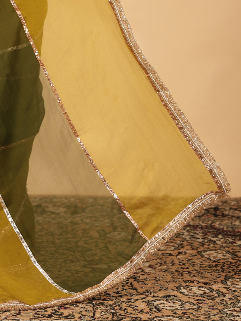 Harvest Green & Amber Olive Viscose Organza Multi Panelled Saree With Designer Lace