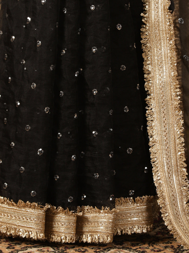 Blue & Black Organza Sequin Butta Saree With Designer Embroidered Lace