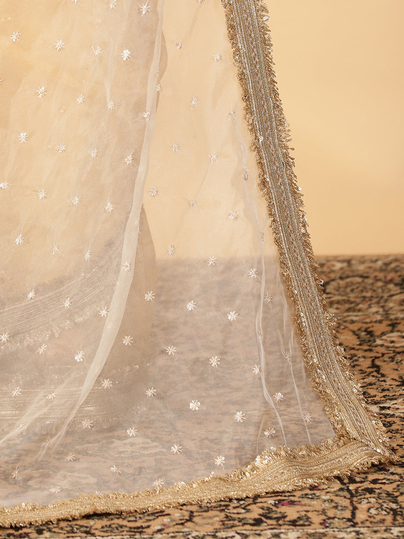 Bright Yellow & White Organza Sequin Butta Saree With Designer Embroidered Lace