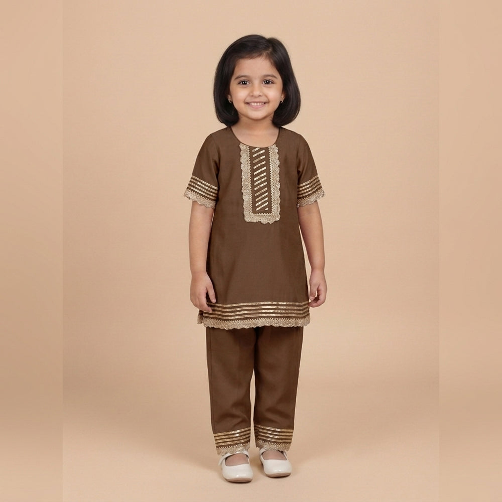 Afiya x Tyohaar | Walnut Brown Solid Viscose Straight Kurta & Pant Set
