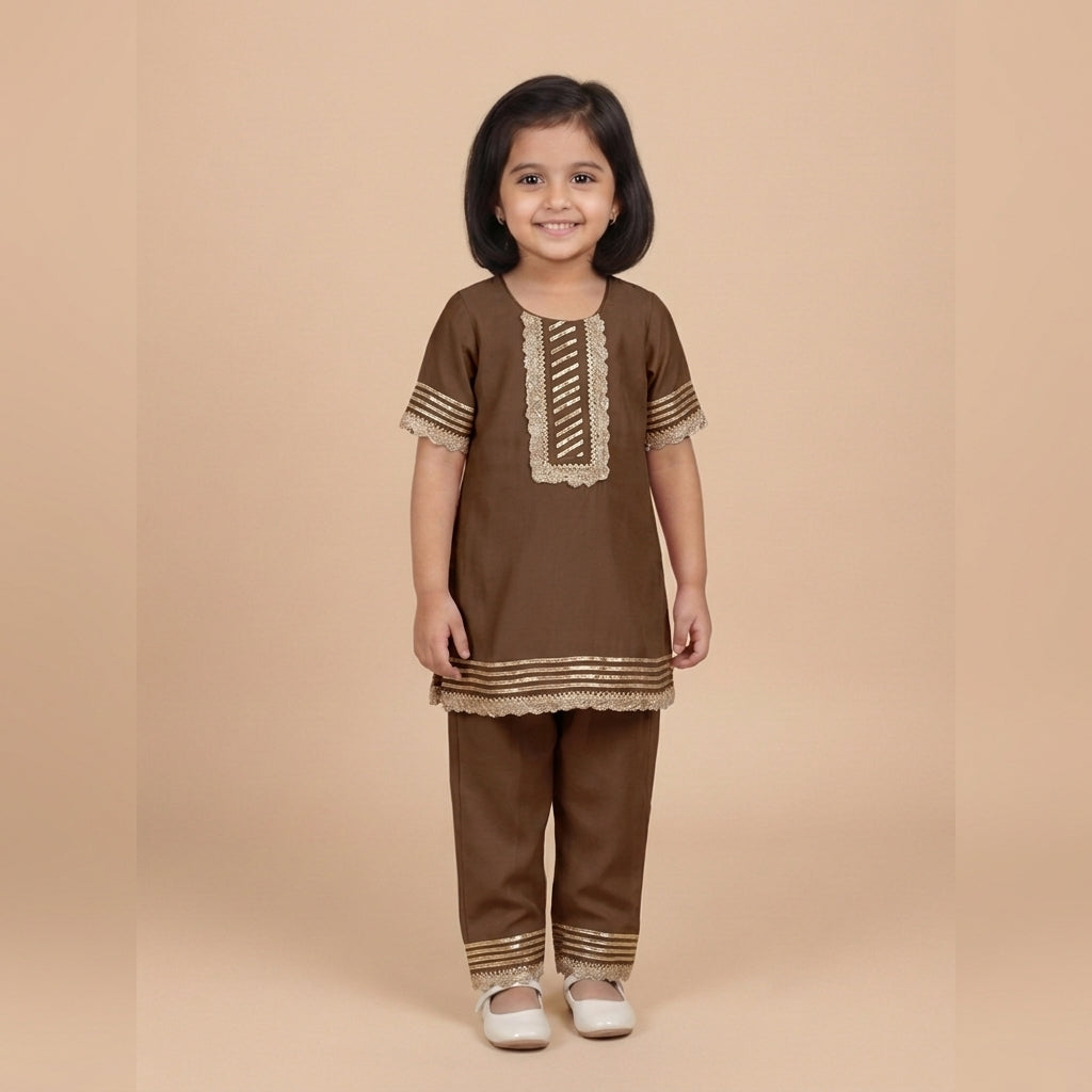 Afiya x Tyohaar | Walnut Brown Solid Viscose Straight Kurta & Pant Set