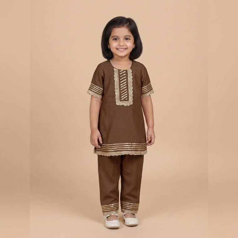 Afiya x Tyohaar | Walnut Brown Solid Viscose Straight Kurta & Pant Set